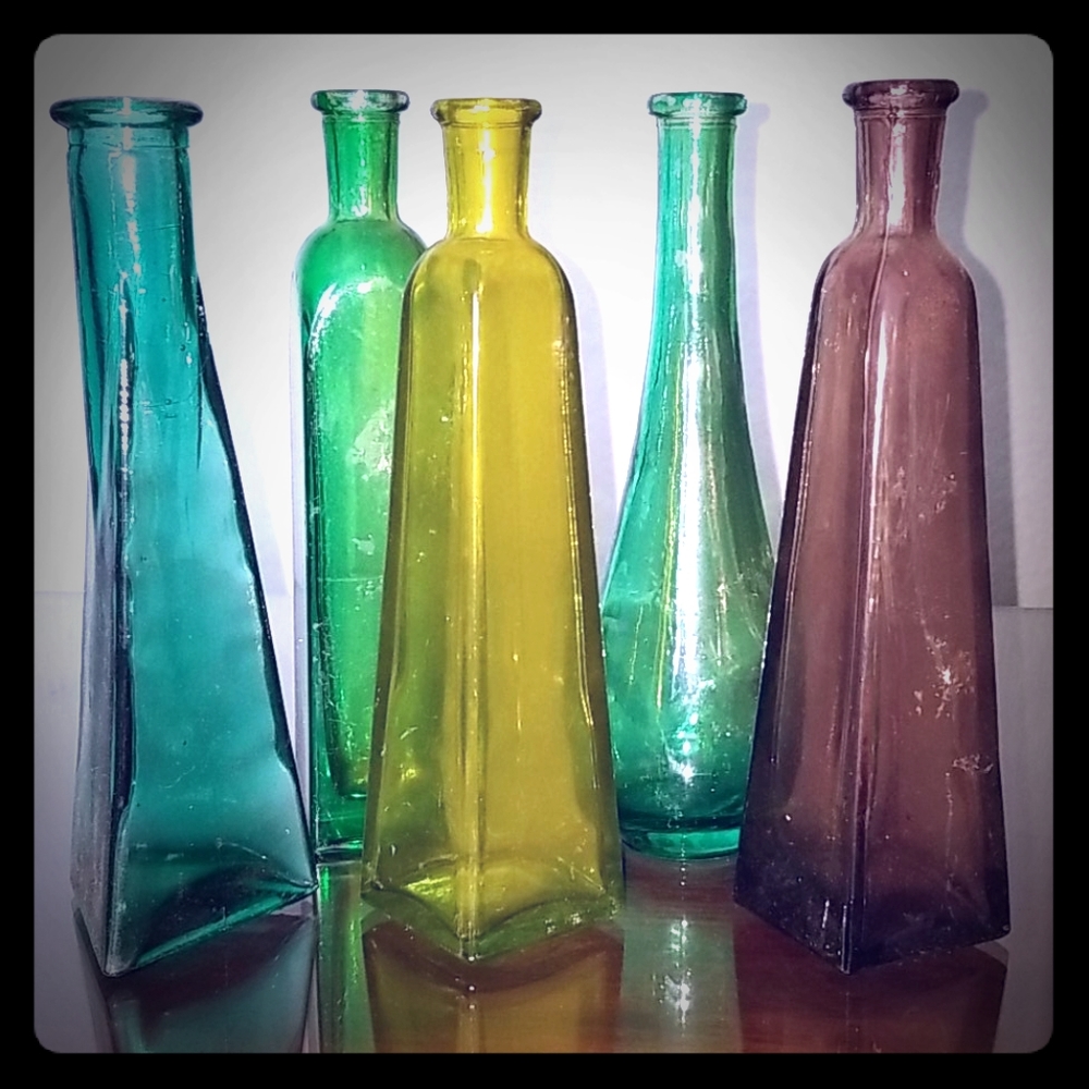 5 Small Colored Glass Vases~Colored Glass Bottles